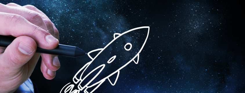 hand drawing a rocket ship zooming across space